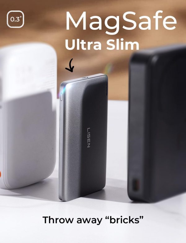 LISEN 0.3‘’ Ultra Slim MagSafe Portable Charger iPhone,Alloy 5,000mAh Wireless Charge Card Phone Charger,Slim MagSafe Battery Pack,Magnetic Power Bank for iPhone 16e Pro Max/15/14/13/12,Glacier Gray - Image 2