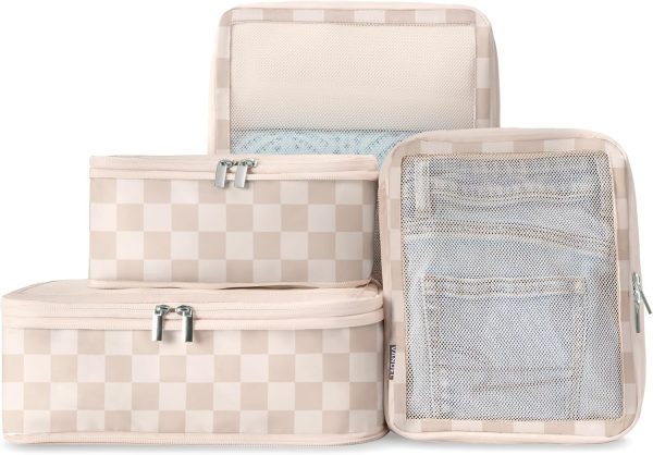 VANDEL Packing Cube Set of 4 with Compression Zipper, Antibacterial Fabric, For Carry on Suitcase Organization 2-Year Warranty (Neutral Checker)